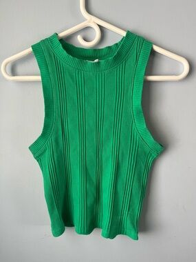 Zara Green Ribbed Tank Top Sleeveless Stretch Knit Size S Crew Neck